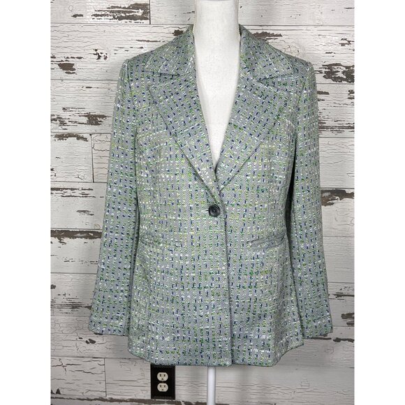 CABI Presentation Stretch Knit Single-Breasted Blazer Green Blue Sz L #6251 EUC - Picture 2 of 5
